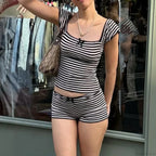 Striped Bow Aesthetic Crop Tank Low Waist Shorts Two Pieces Set image 2