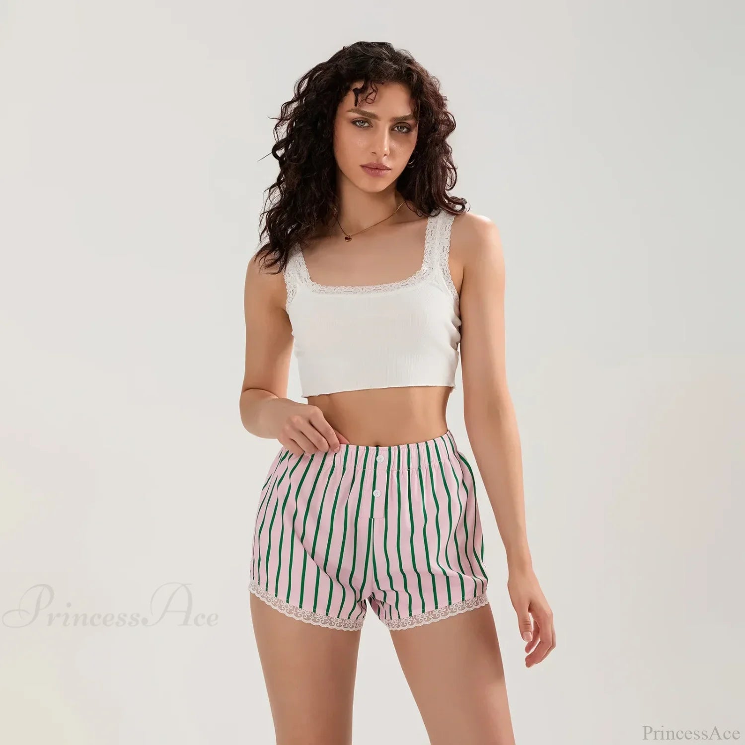Striped Button Lace Trim Short image 5