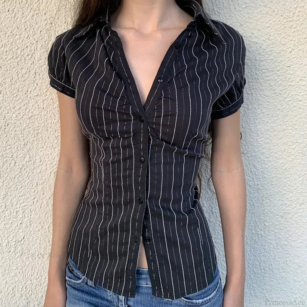 Striped Button-Up Collar Blouse image 1