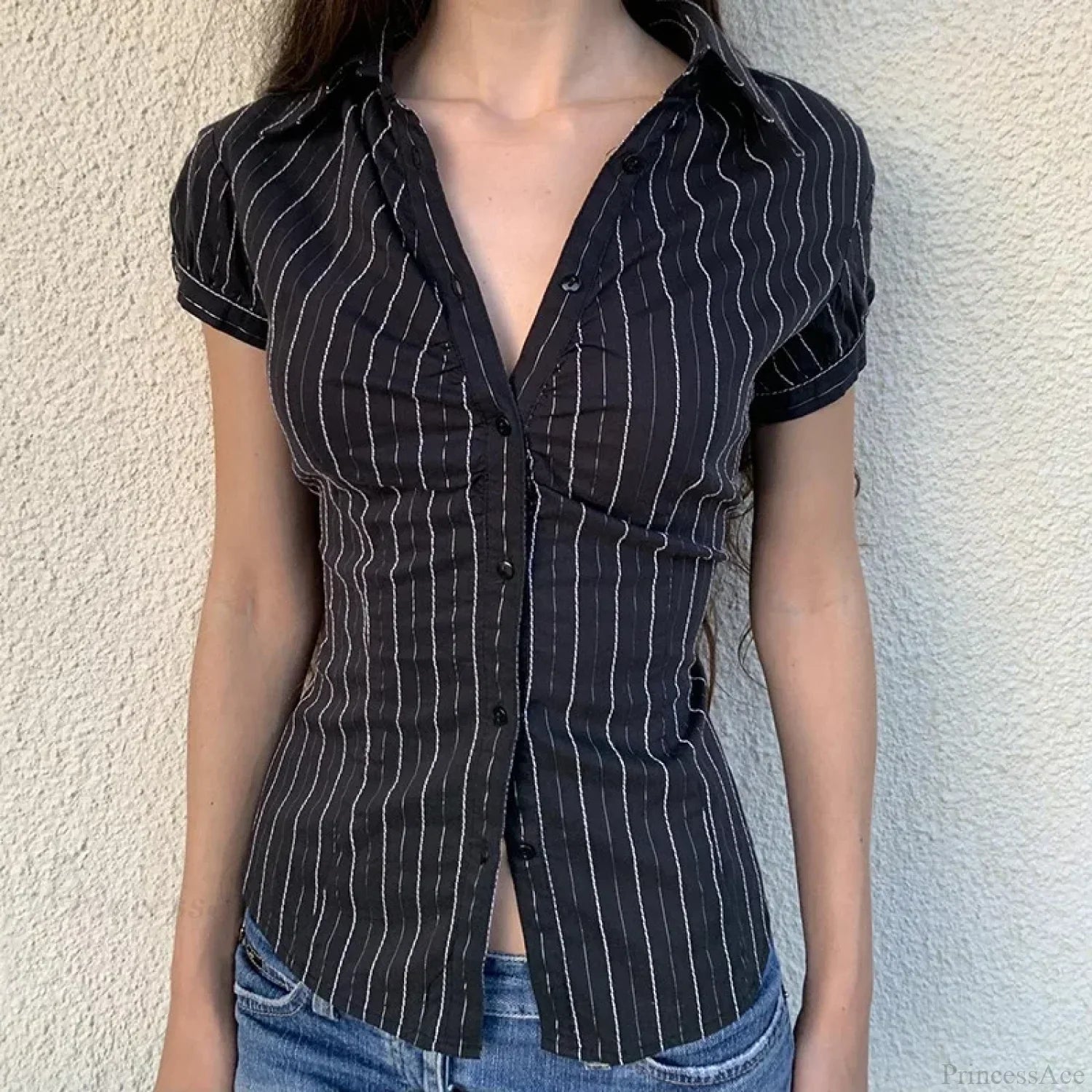Striped Button-Up Collar Blouse image 1