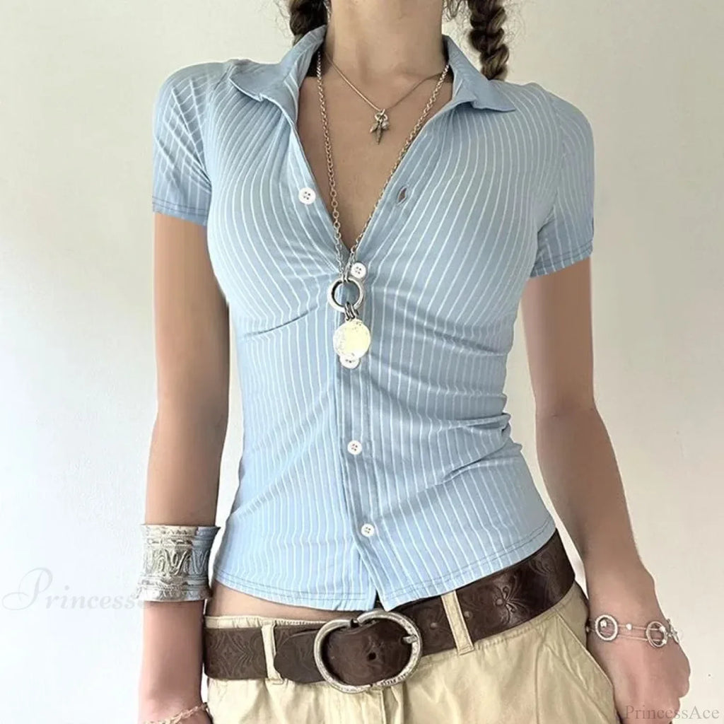 Striped Button-Up Collar Blouse image 6