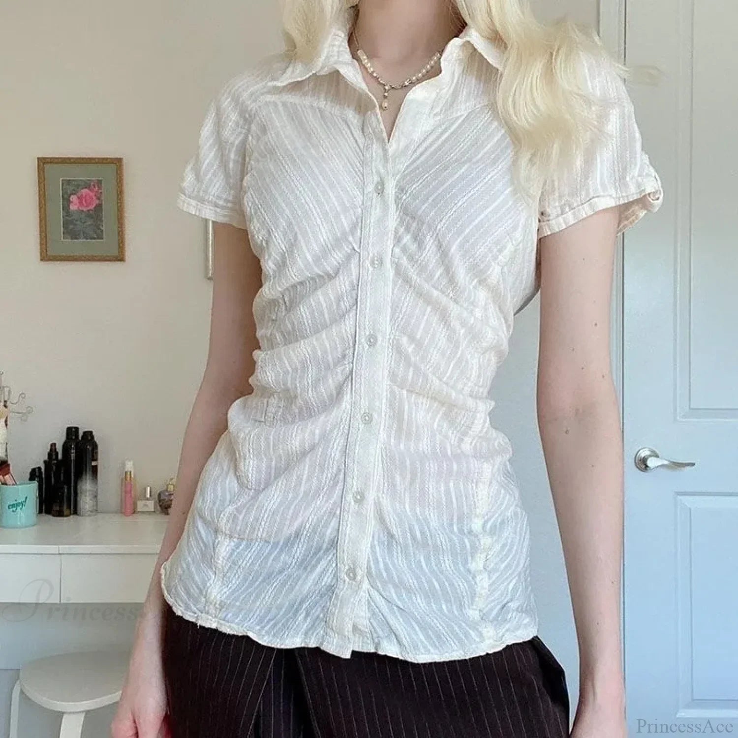 Striped Button-Up Collar Blouse image 7