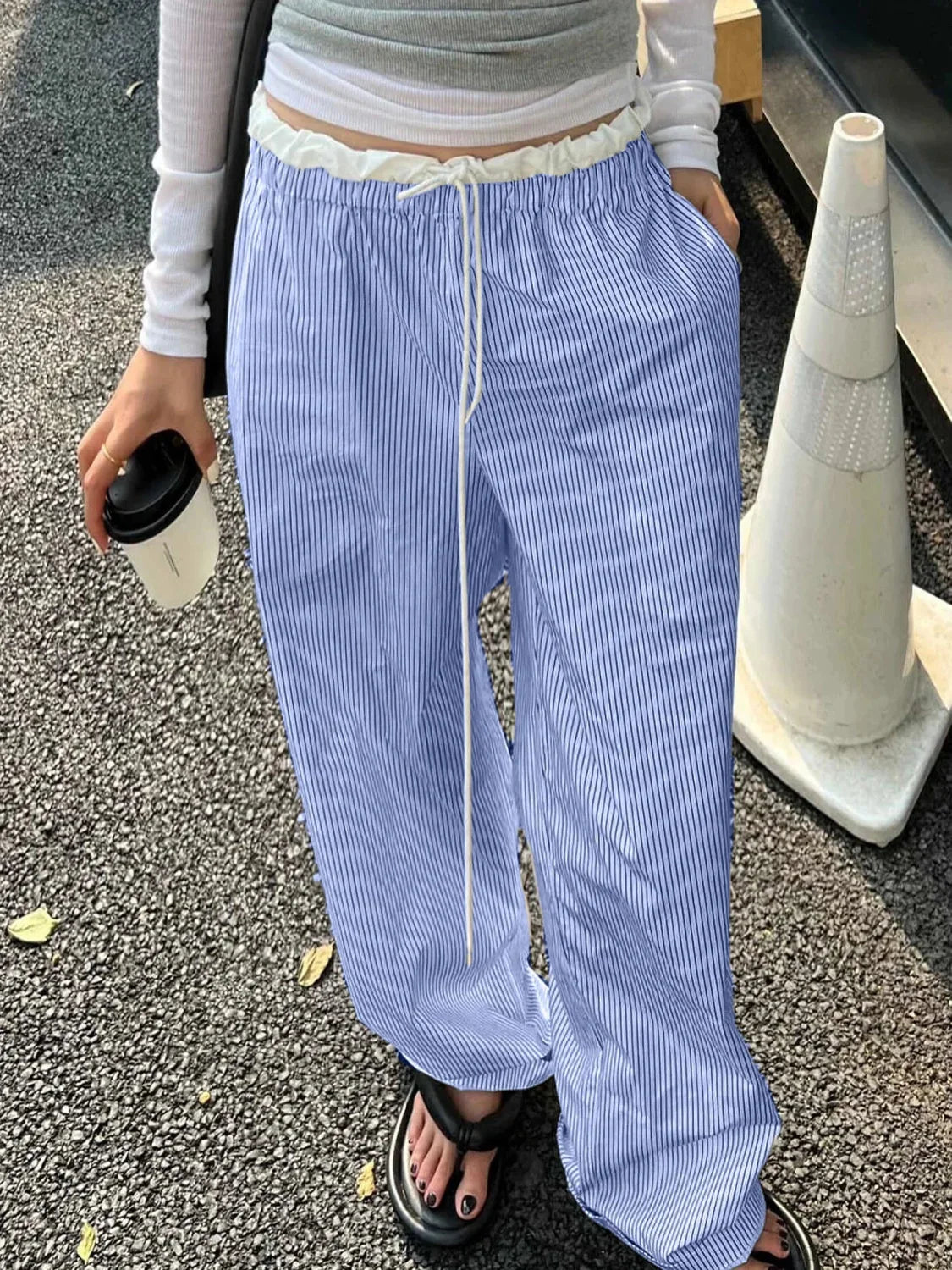 Striped Casual Ruched Vintage Sweet Straight Pant image 3