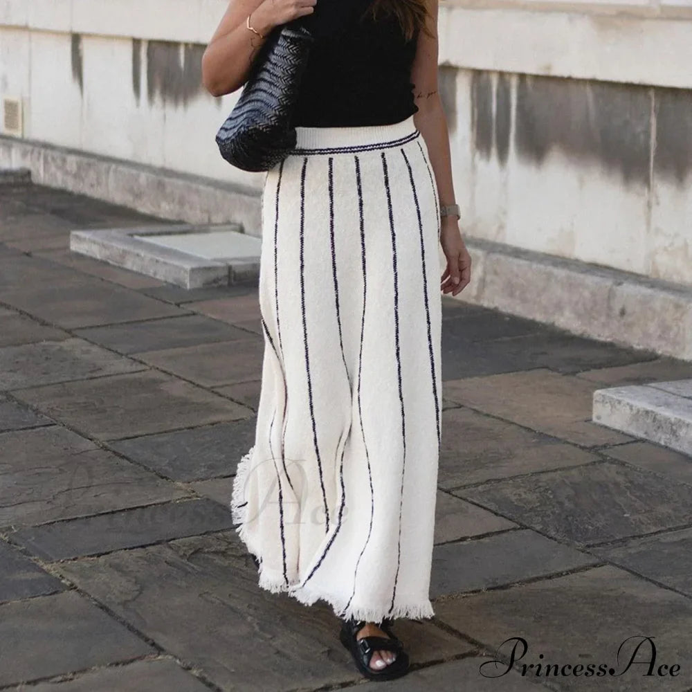 Striped Casual Vintage Elastic Waist Tassel Skirt image 2