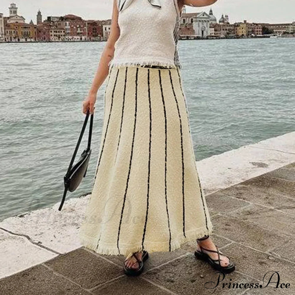 Striped Casual Vintage Elastic Waist Tassel Skirt image 3