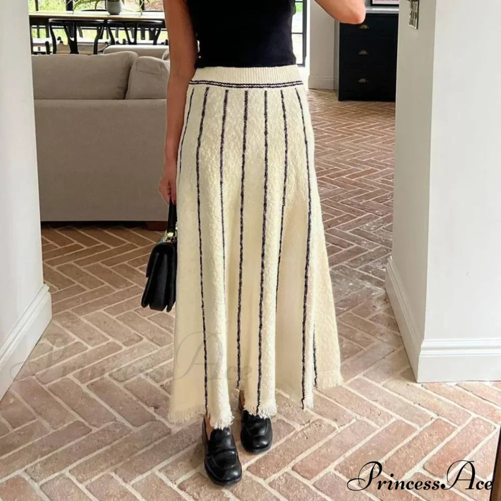 Striped Casual Vintage Elastic Waist Tassel Skirt image 4