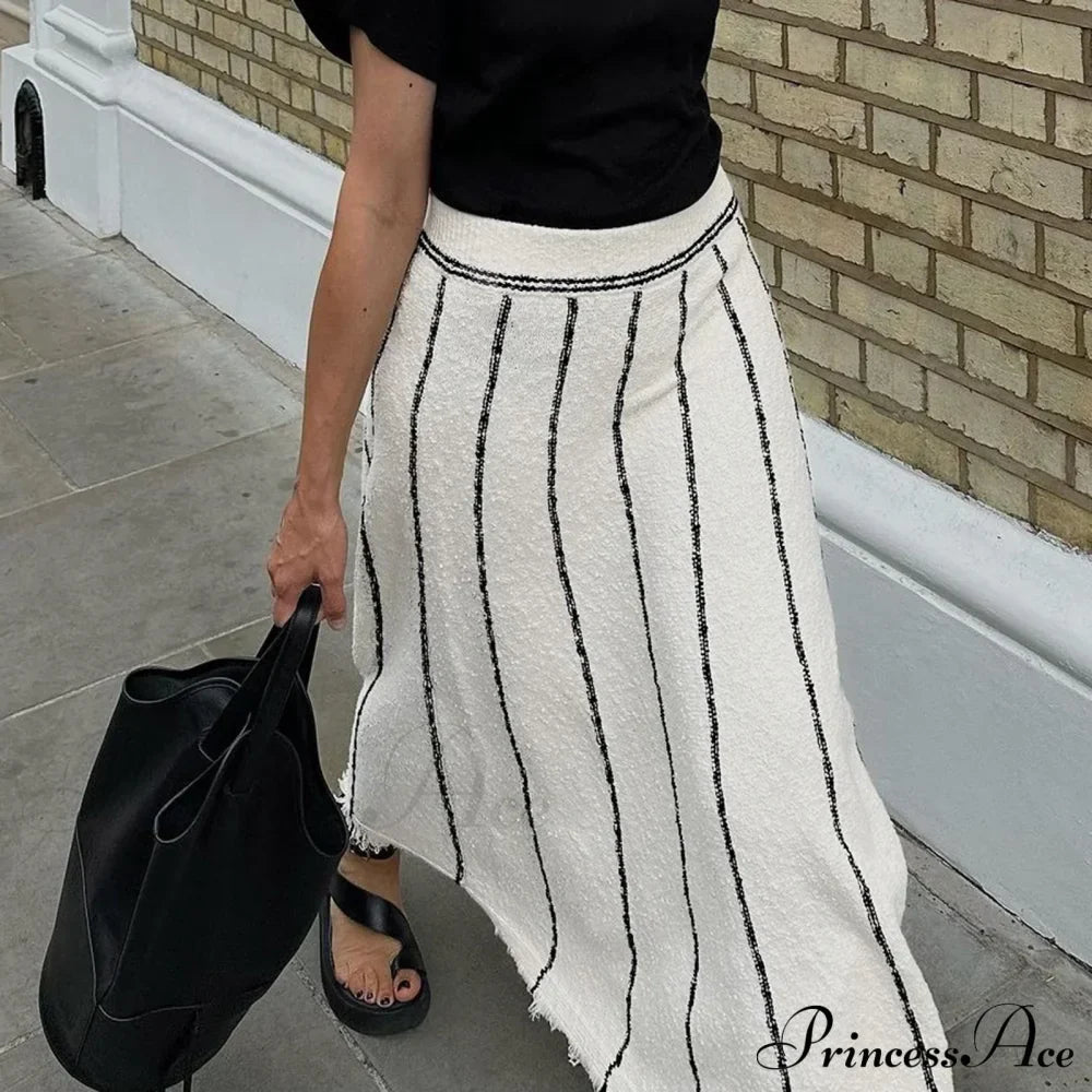 Striped Casual Vintage Elastic Waist Tassel Skirt image 1