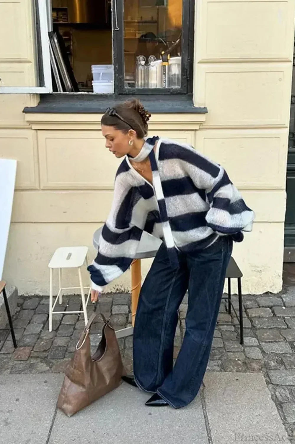 Striped Contrast V-neck Loose Cardigan image 2