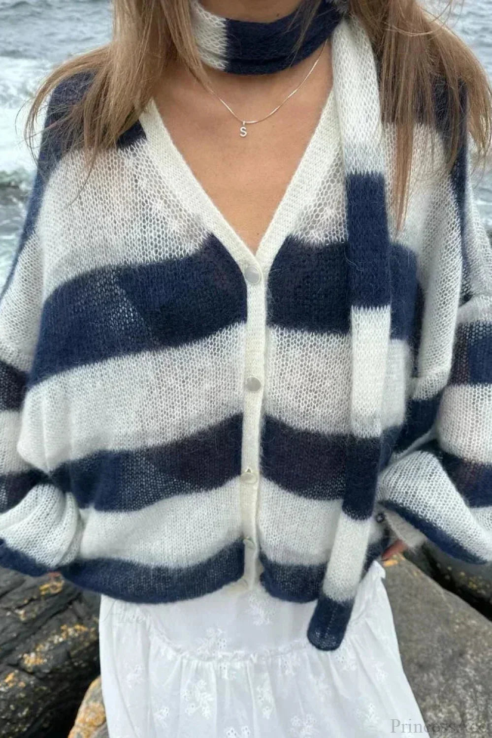 Striped Contrast V-neck Loose Cardigan image 5