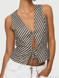 Striped Deep V-neck Tie-up Office Crop Top image 1