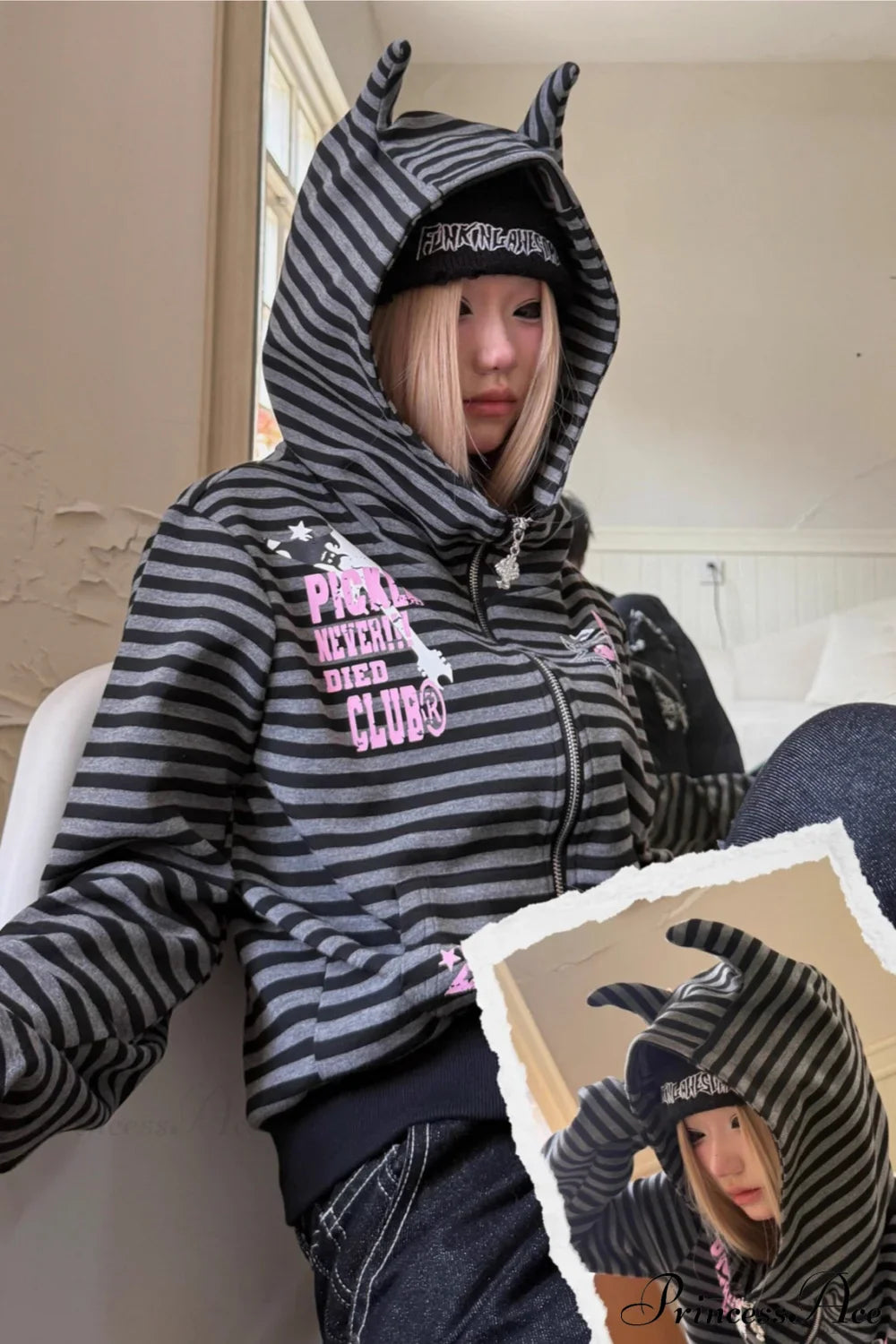Striped Devil Horn Print Vintage Zip Hoodie image 2