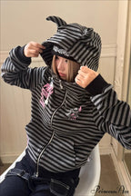 Striped Devil Horn Print Vintage Zip Hoodie image 1