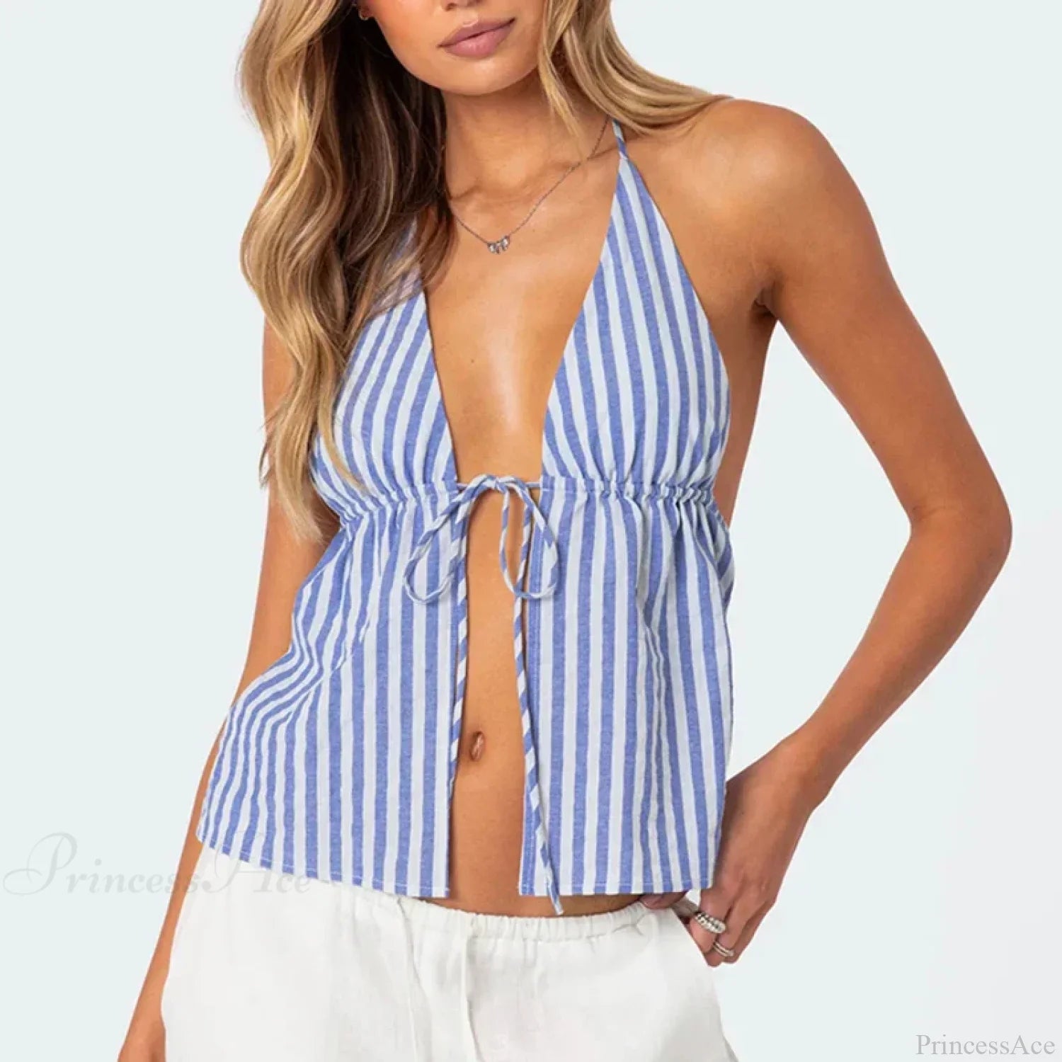 Striped Front Tie Halter Low Cut Crop Top image 3