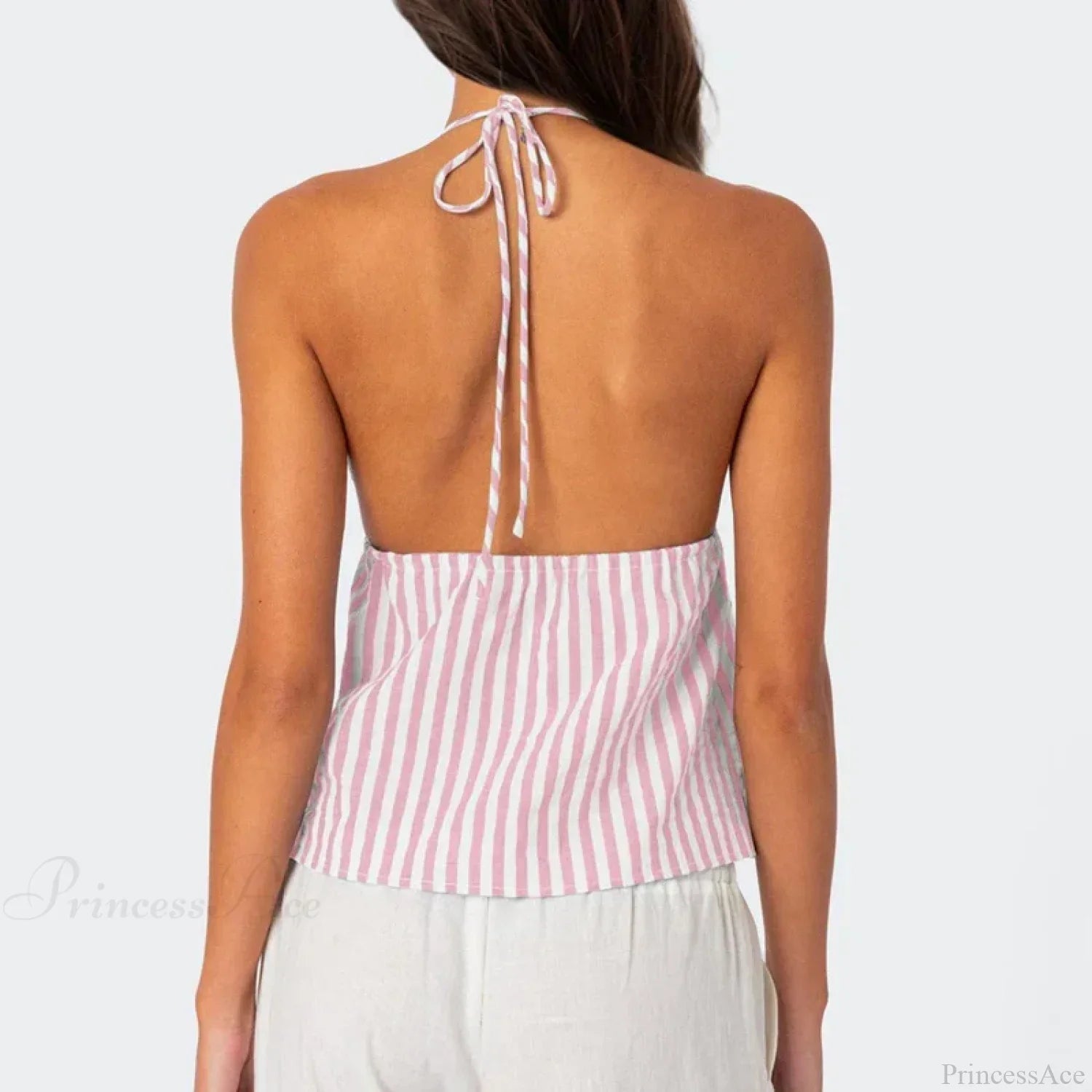 Striped Front Tie Halter Low Cut Crop Top image 5