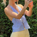 Striped Front Tie Halter Low Cut Crop Top image 2