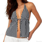 Striped Front Tie Halter Low Cut Crop Top image 6