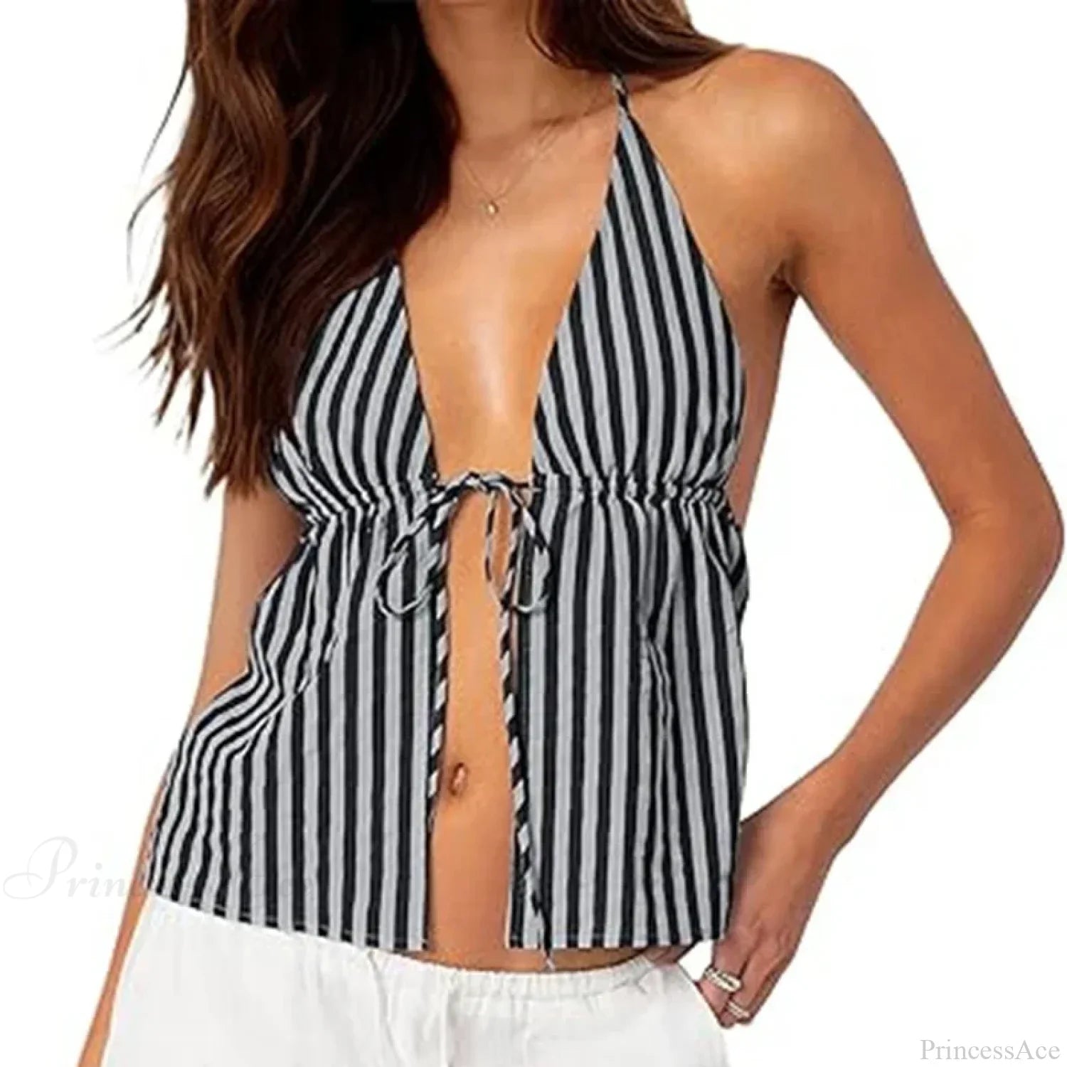 Striped Front Tie Halter Low Cut Crop Top image 6