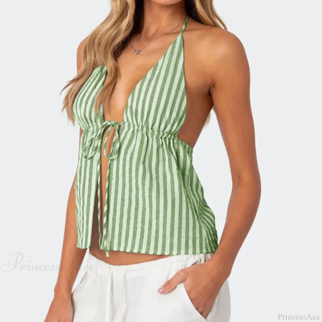 Striped Front Tie Halter Low Cut Crop Top image 7