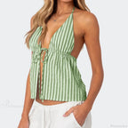 Striped Front Tie Halter Low Cut Crop Top image 7