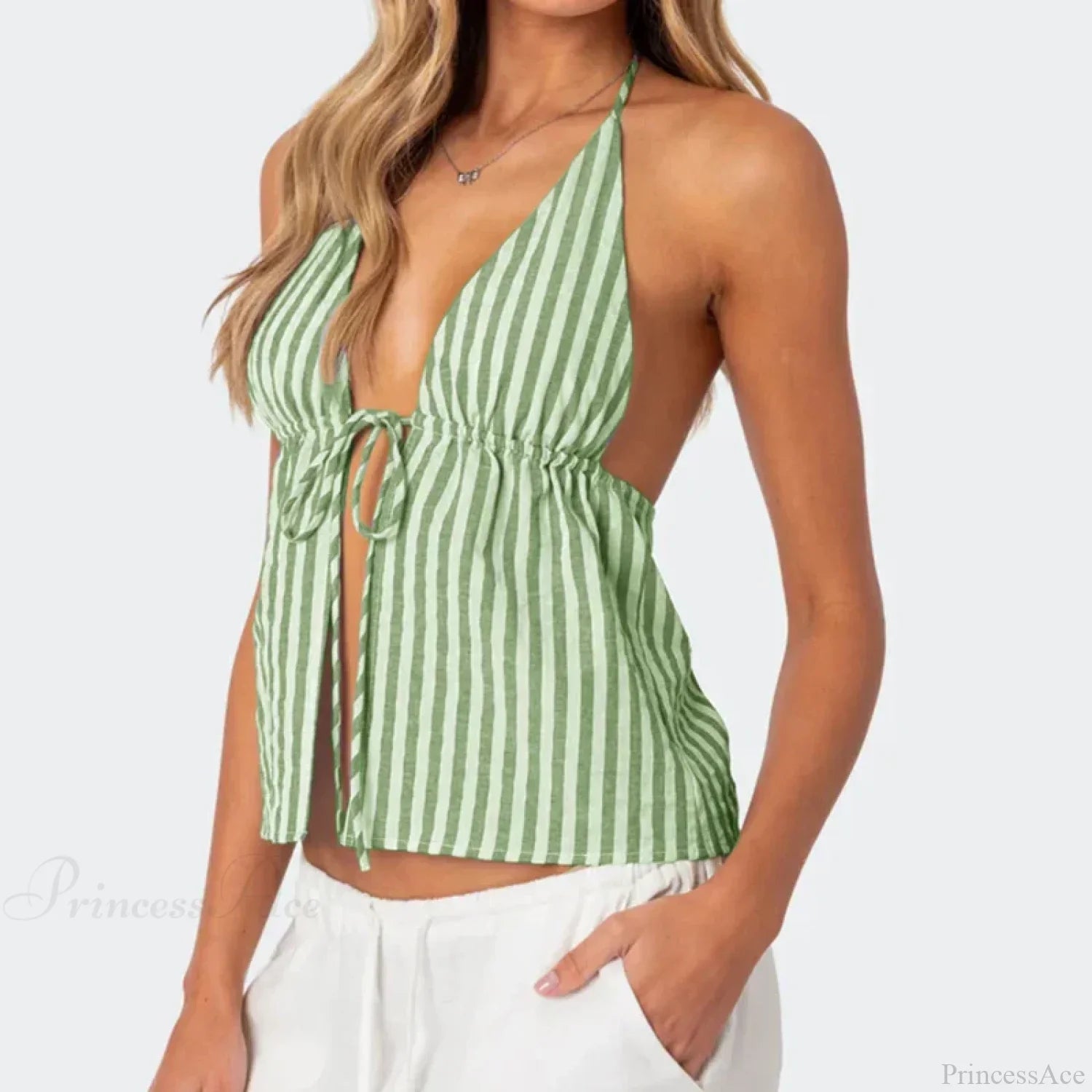 Striped Front Tie Halter Low Cut Crop Top image 7