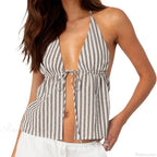 Striped Front Tie Halter Low Cut Crop Top image 8
