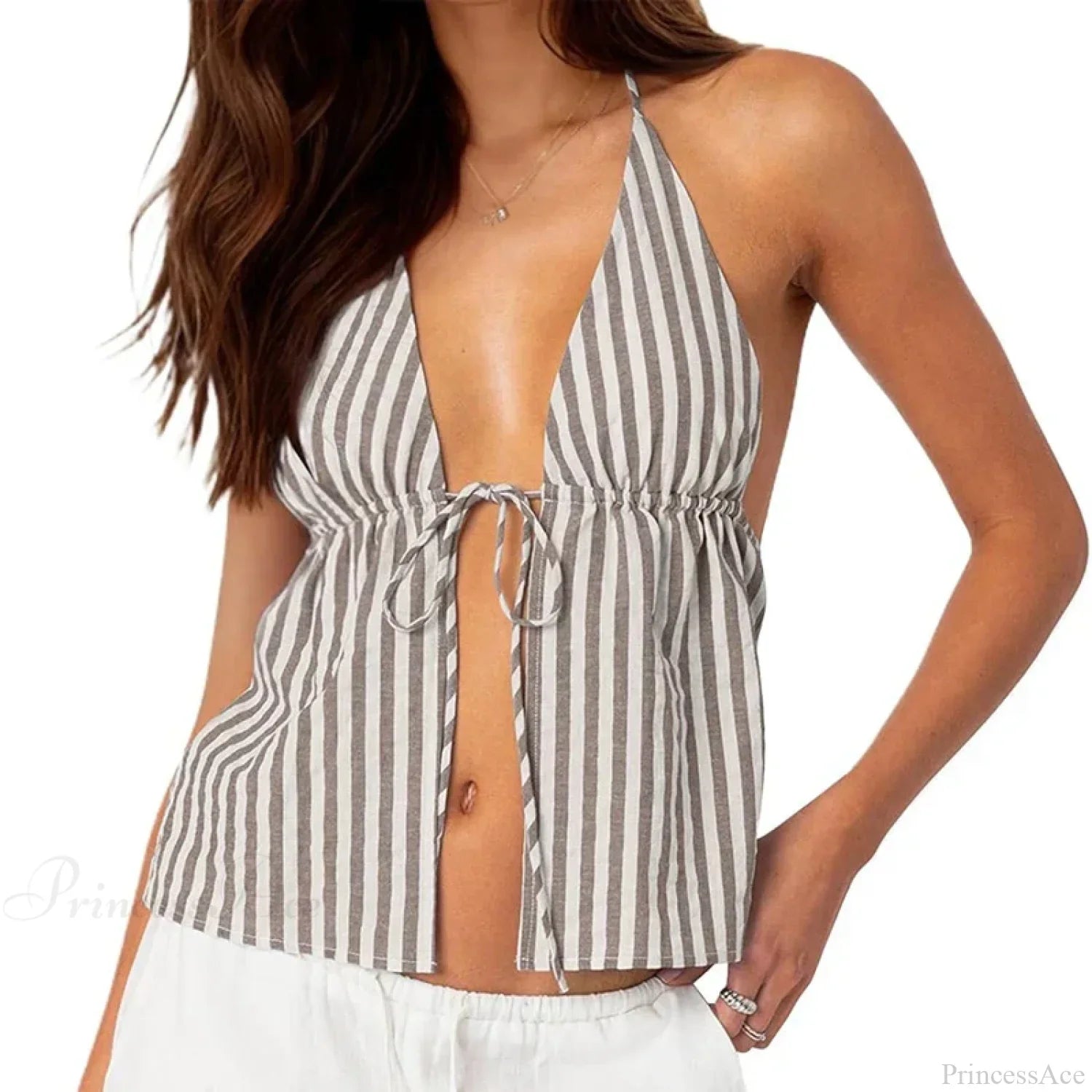 Striped Front Tie Halter Low Cut Crop Top image 8