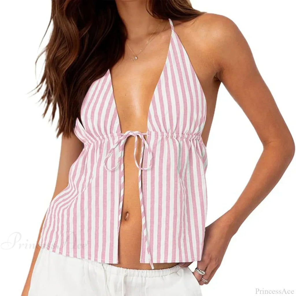 Striped Front Tie Halter Low Cut Crop Top image 9