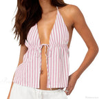Striped Front Tie Halter Low Cut Crop Top image 9