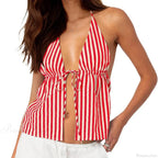Striped Front Tie Halter Low Cut Crop Top image 10