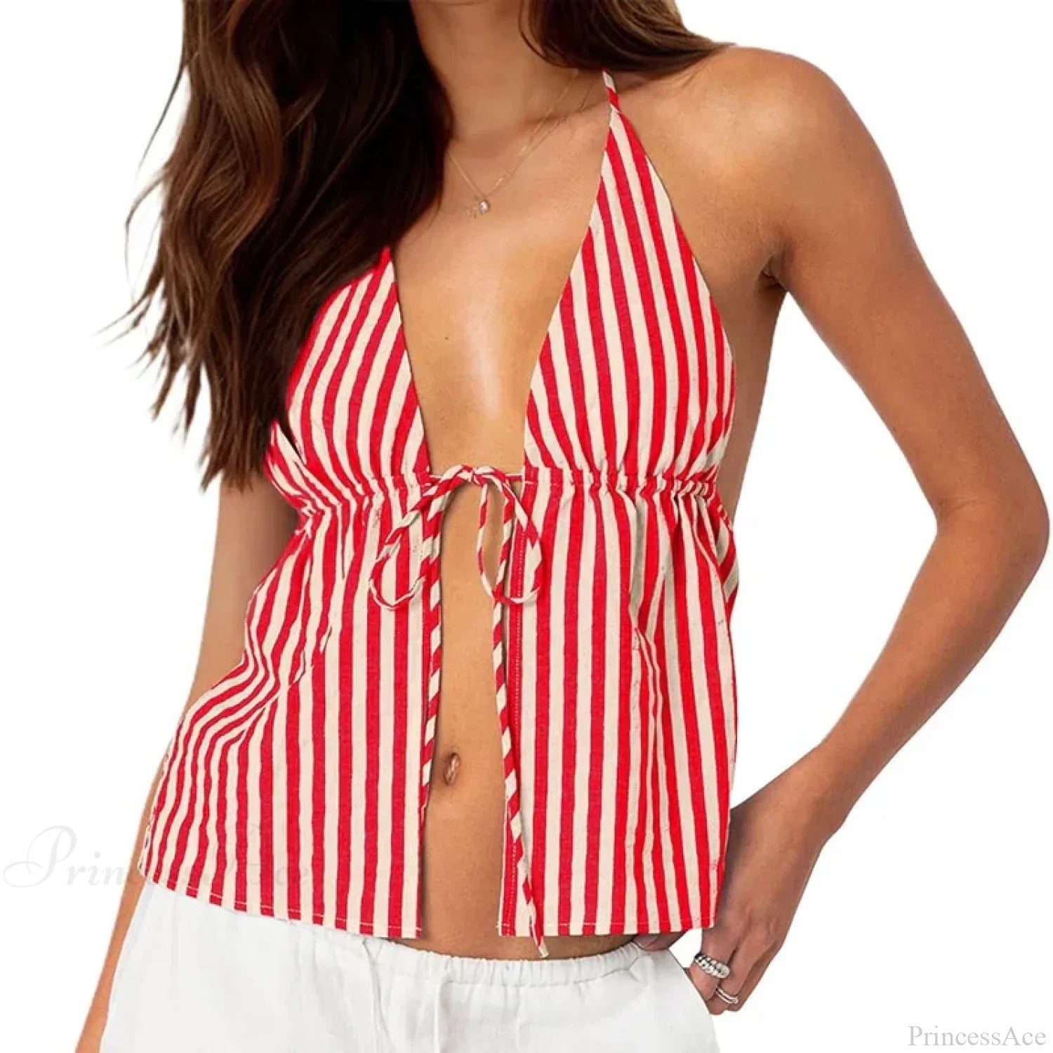 Striped Front Tie Halter Low Cut Crop Top image 10