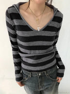 Striped Hooded Basic Slim V-Neck Long Sleeve Knitted Top image 2