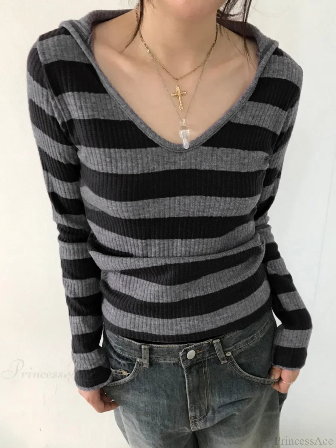 Striped Hooded Basic Slim V-Neck Long Sleeve Knitted Top image 2