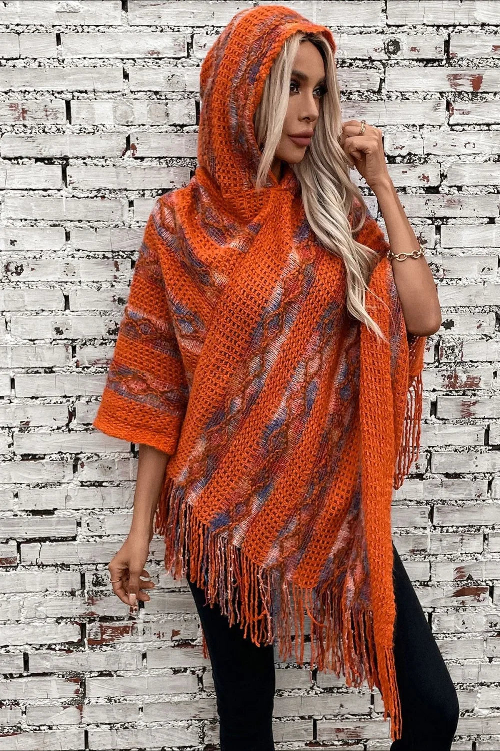 Striped Hooded Knit Tassel Relaxed Coat image 5
