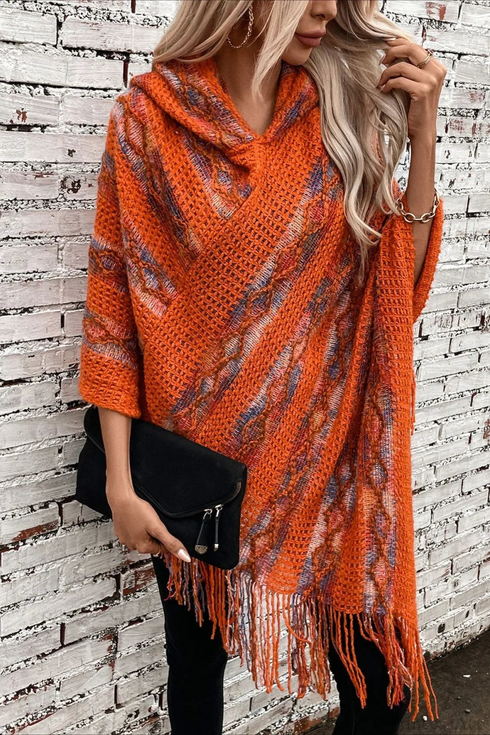 Striped Hooded Knit Tassel Relaxed Coat image 4