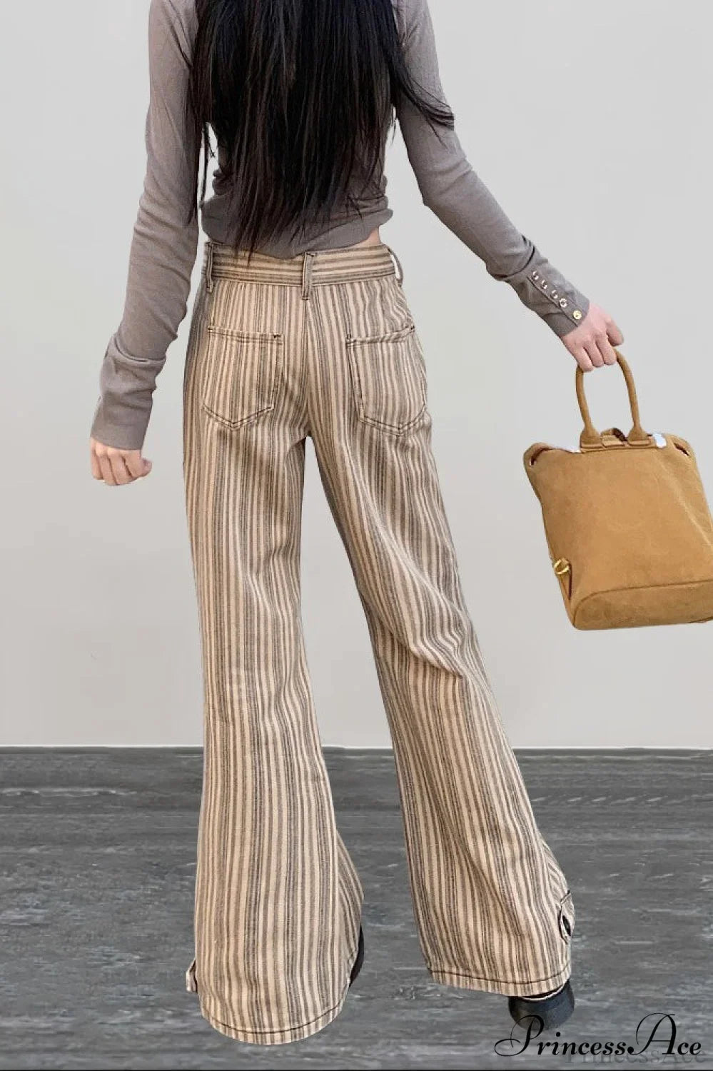 Striped Khaki Low Waist Slim Flared Jeans image 4