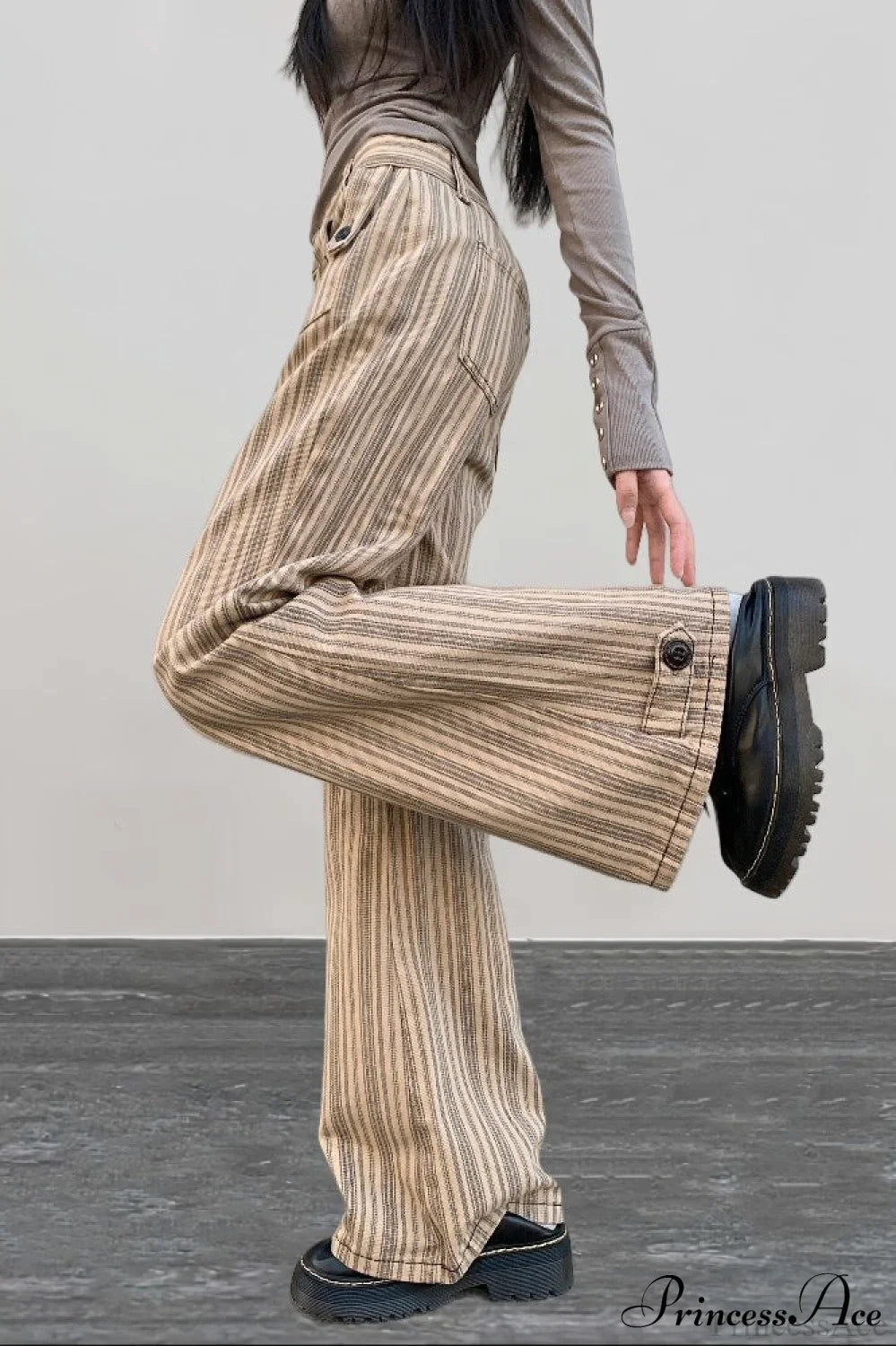 Striped Khaki Low Waist Slim Flared Jeans image 2