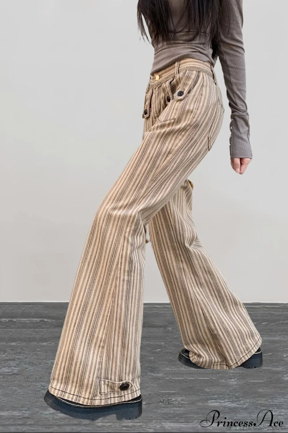 Striped Khaki Low Waist Slim Flared Jeans image 3