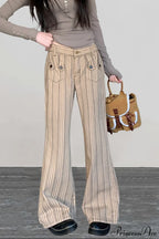 Striped Khaki Low Waist Slim Flared Jeans image 5