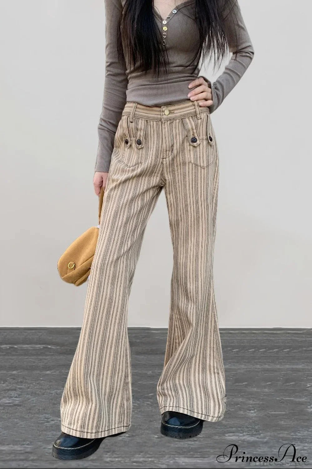 Striped Khaki Low Waist Slim Flared Jeans image 1