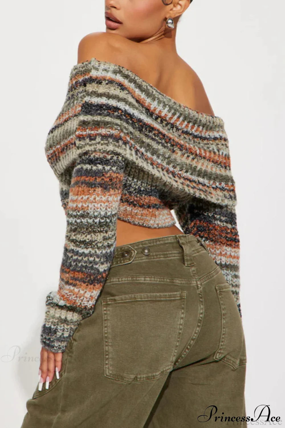 Striped Knit Fitted Off Shoulder Long Sleeve Crop Top image 2