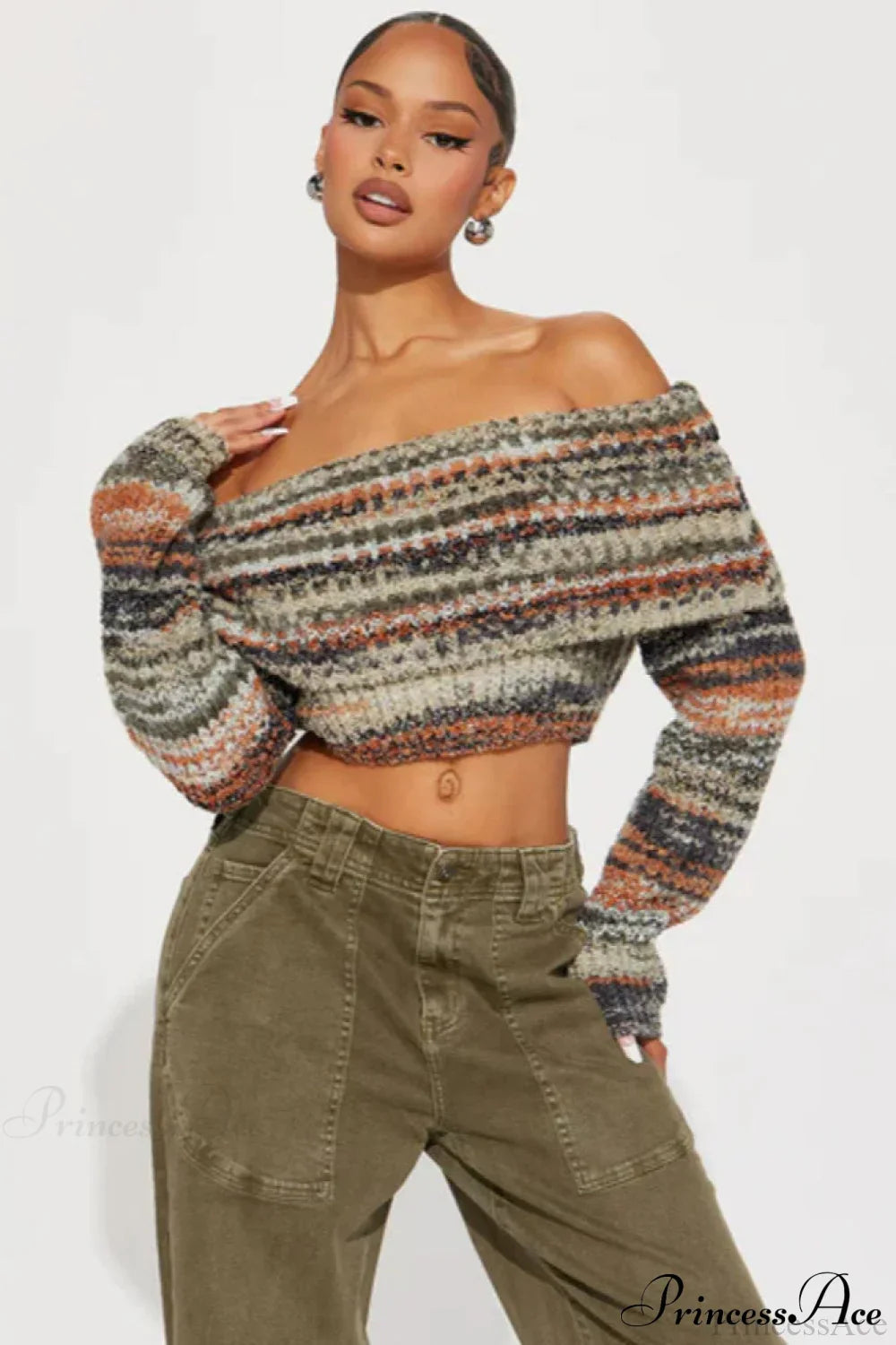 Striped Knit Fitted Off Shoulder Long Sleeve Crop Top image 1