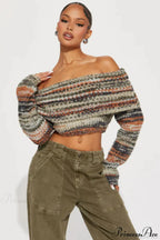 Striped Knit Fitted Off Shoulder Long Sleeve Crop Top image 1