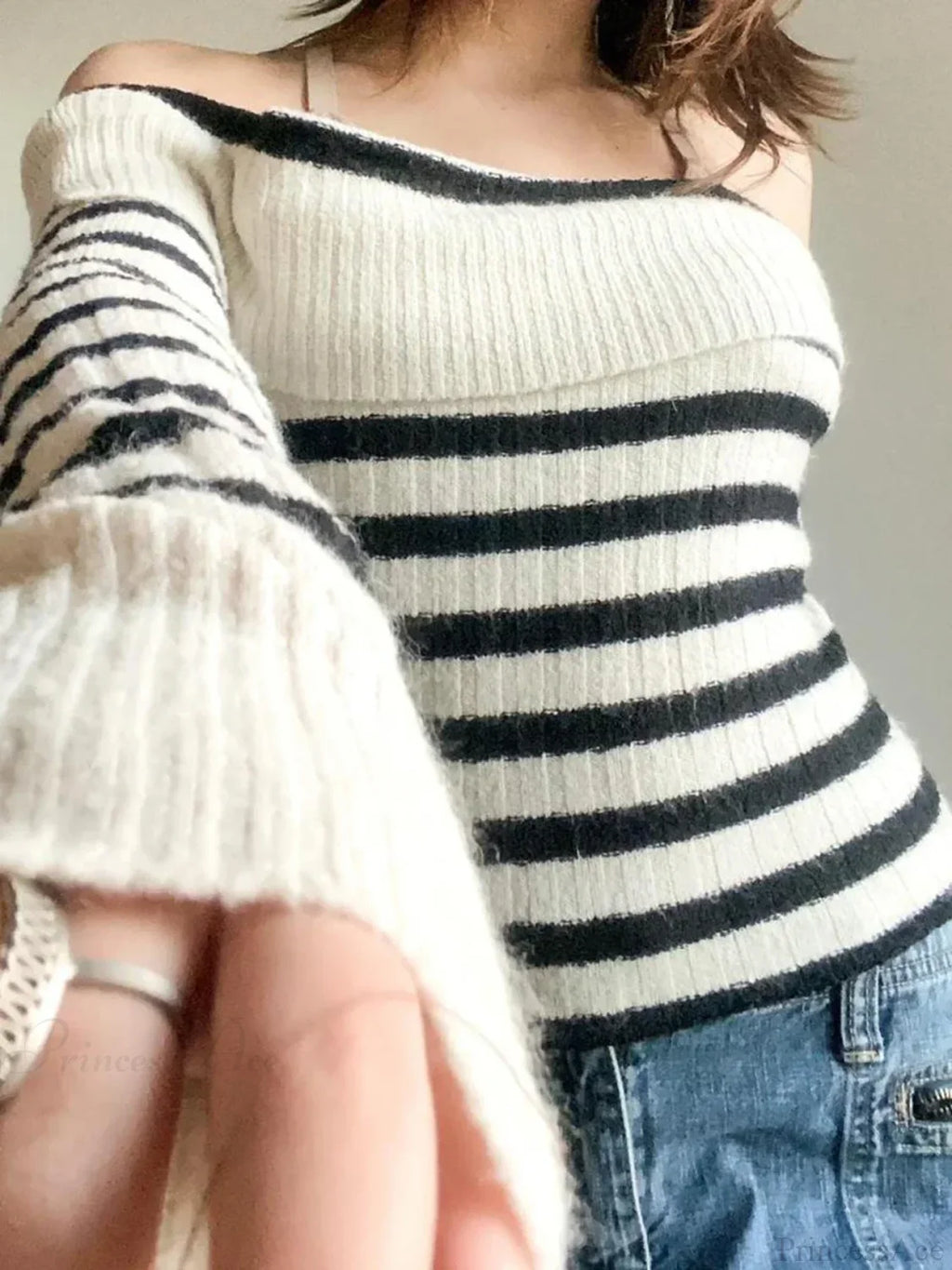 Striped Knitted Slash Neck Long Sleeve Basic Pullover Sweater image 2