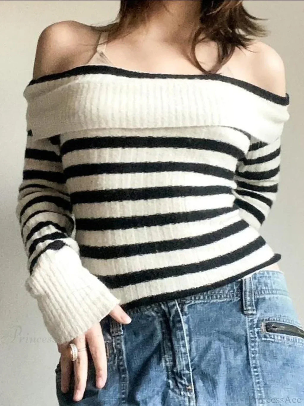 Striped Knitted Slash Neck Long Sleeve Basic Pullover Sweater image 1