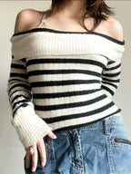 Striped Knitted Slash Neck Long Sleeve Basic Pullover Sweater image 1