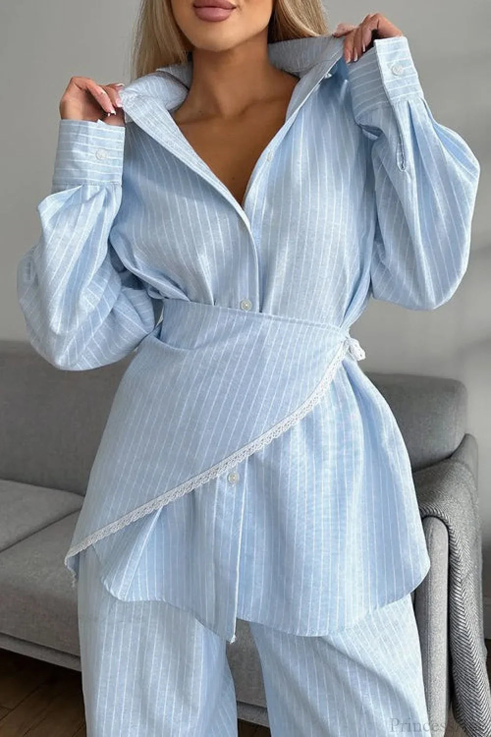 Striped Lace Casual Long Sleeve Pants Scarf Three Piece Set image 4