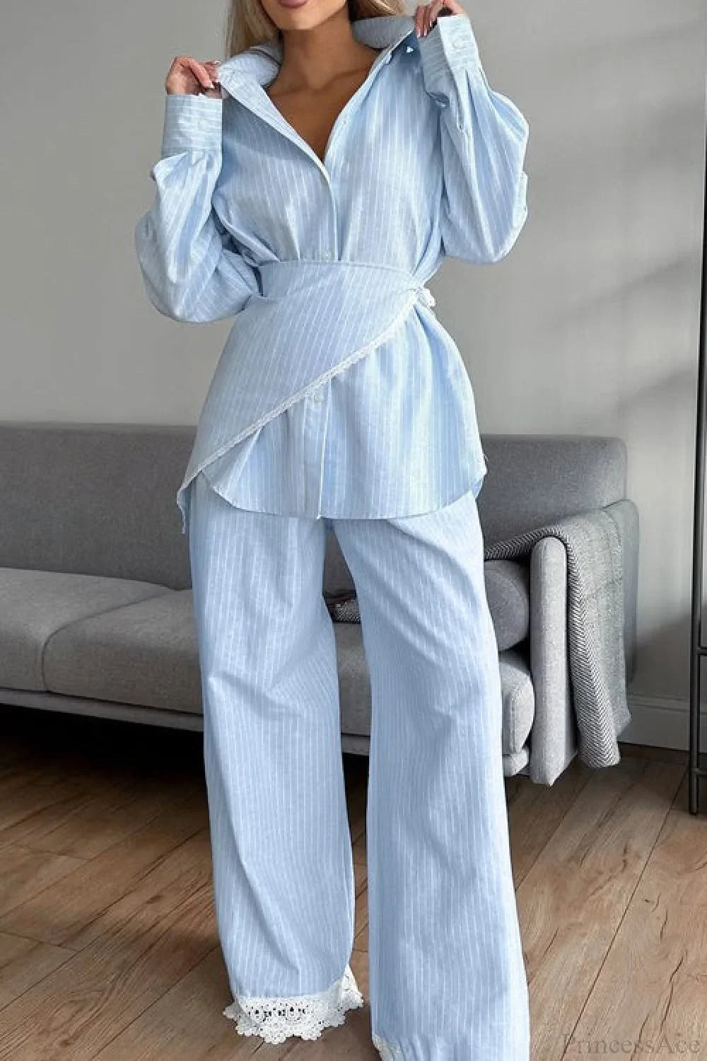 Striped Lace Casual Long Sleeve Pants Scarf Three Piece Set image 1