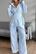 Striped Lace Casual Long Sleeve Pants Scarf Three Piece Set image 1