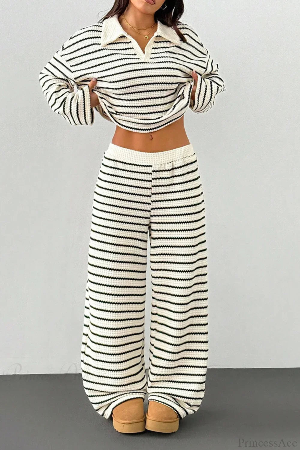 Striped Long Sleeve Pullover Wide Leg Two Piece Set image 1