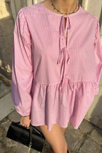 Striped Loose Fit Lace-Up Round Neck Blouse image 12